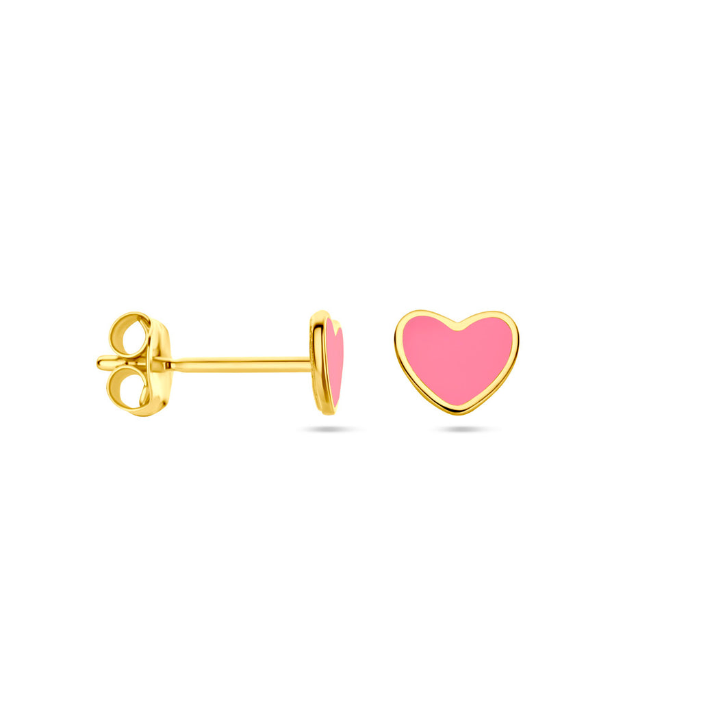 14K geelgouden oorknoppen hart roze epoxy 4,5 mm 4030008