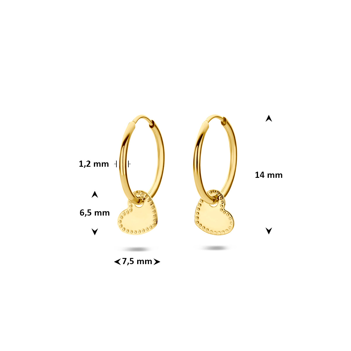 14K Geelgouden Hart Oorringen 14 mm - aanzicht 4