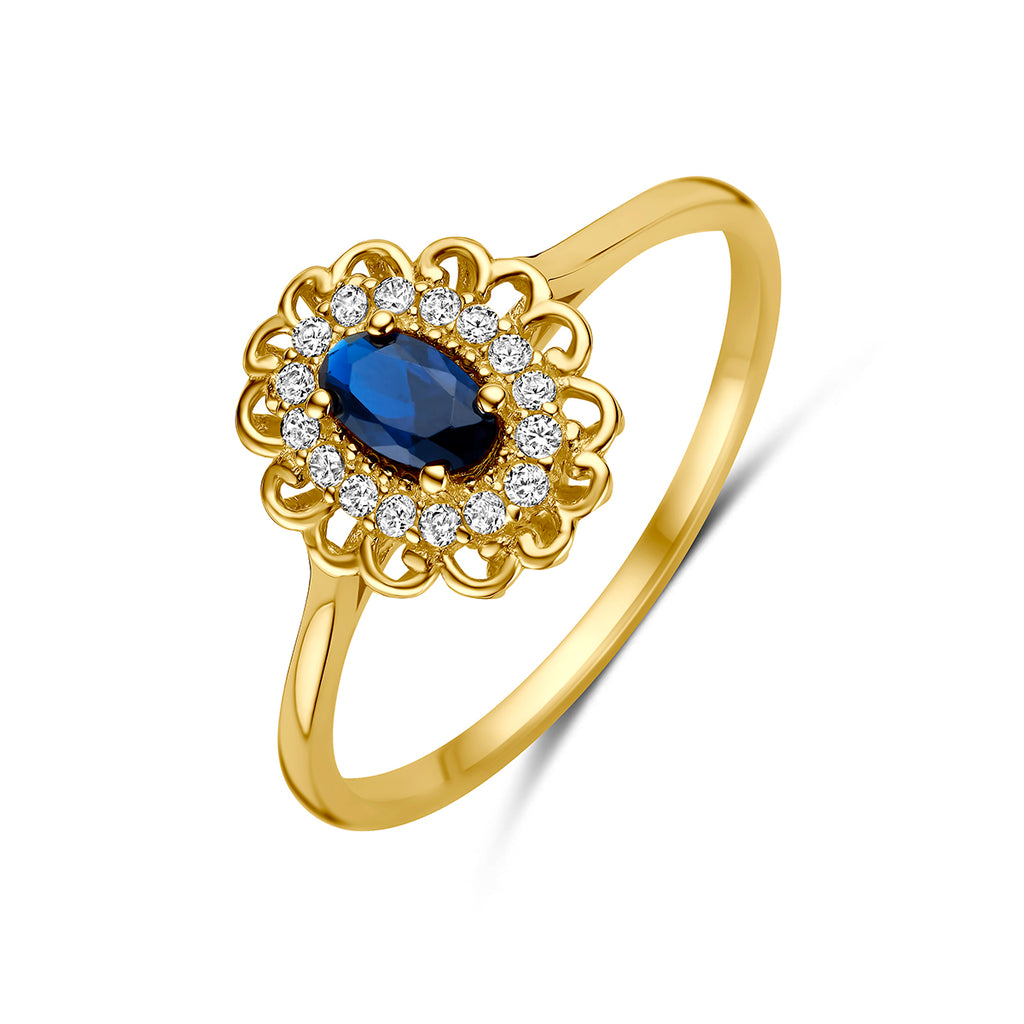 14 Karaat Geelgouden Ring met Blauwe en Witte Zirkonia