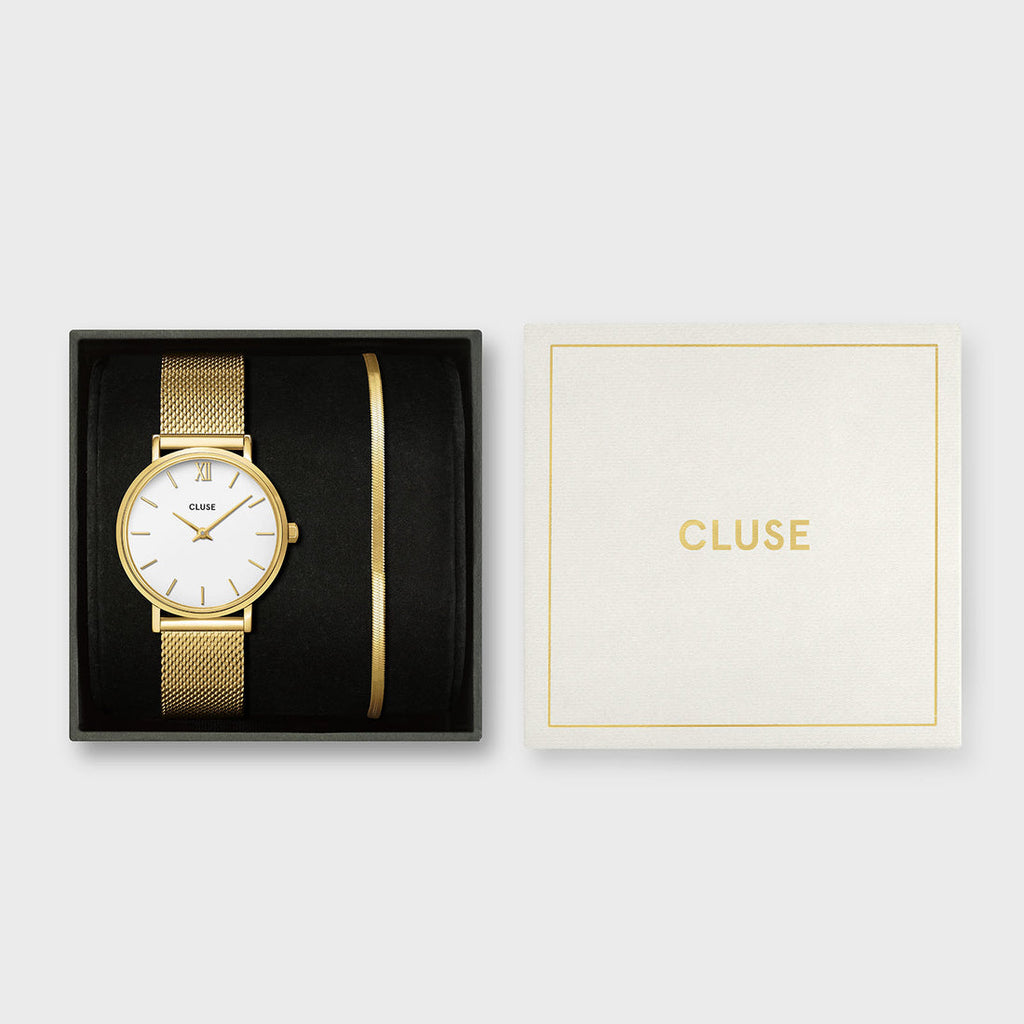 Gift Box Minuit Watch Mesh, White & Flat Snake Bracelet, Gold Colour
