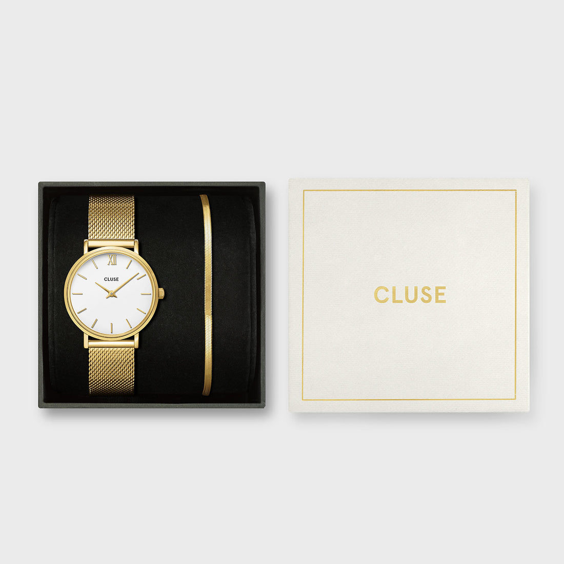 Gift Box Minuit Watch Mesh, White & Flat Snake Bracelet, Gold Colour