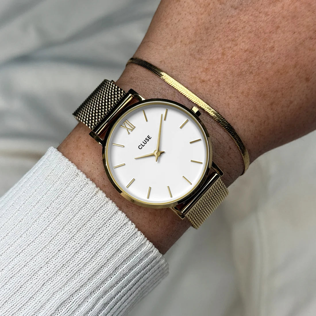 Gift Box Minuit Watch Mesh, White & Flat Snake Bracelet, Gold Colour
