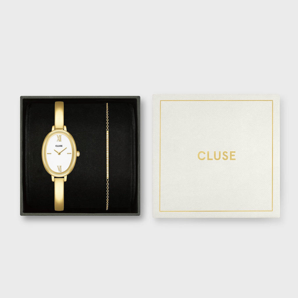 Gift Box LOvale Watch Steel, White & Flat Zirconia Chain Bracelet, Gold Colour