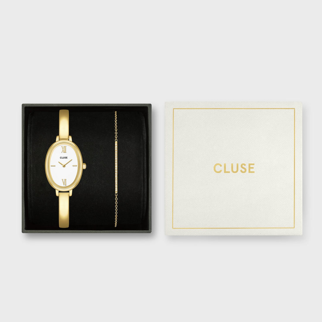 Gift Box LOvale Watch Steel, White & Flat Zirconia Chain Bracelet, Gold Colour