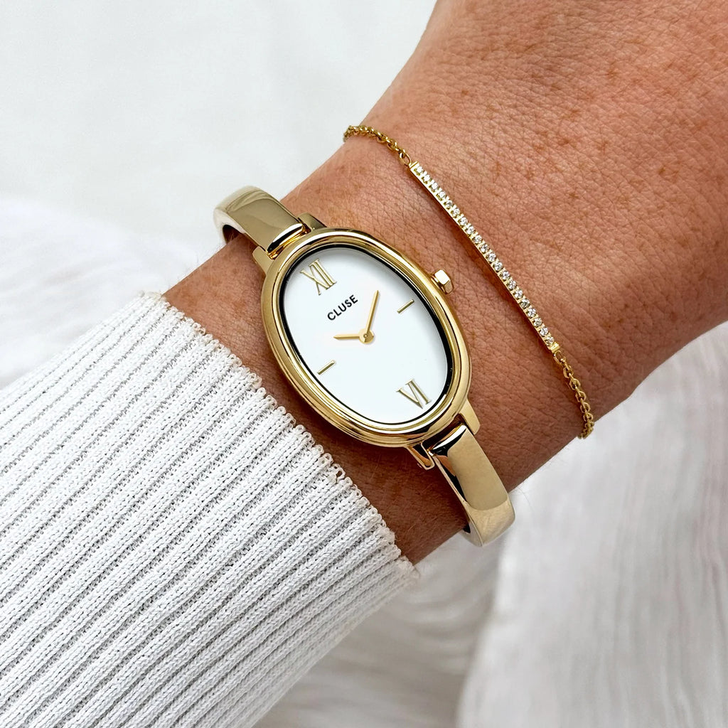 Gift Box LOvale Watch Steel, White & Flat Zirconia Chain Bracelet, Gold Colour