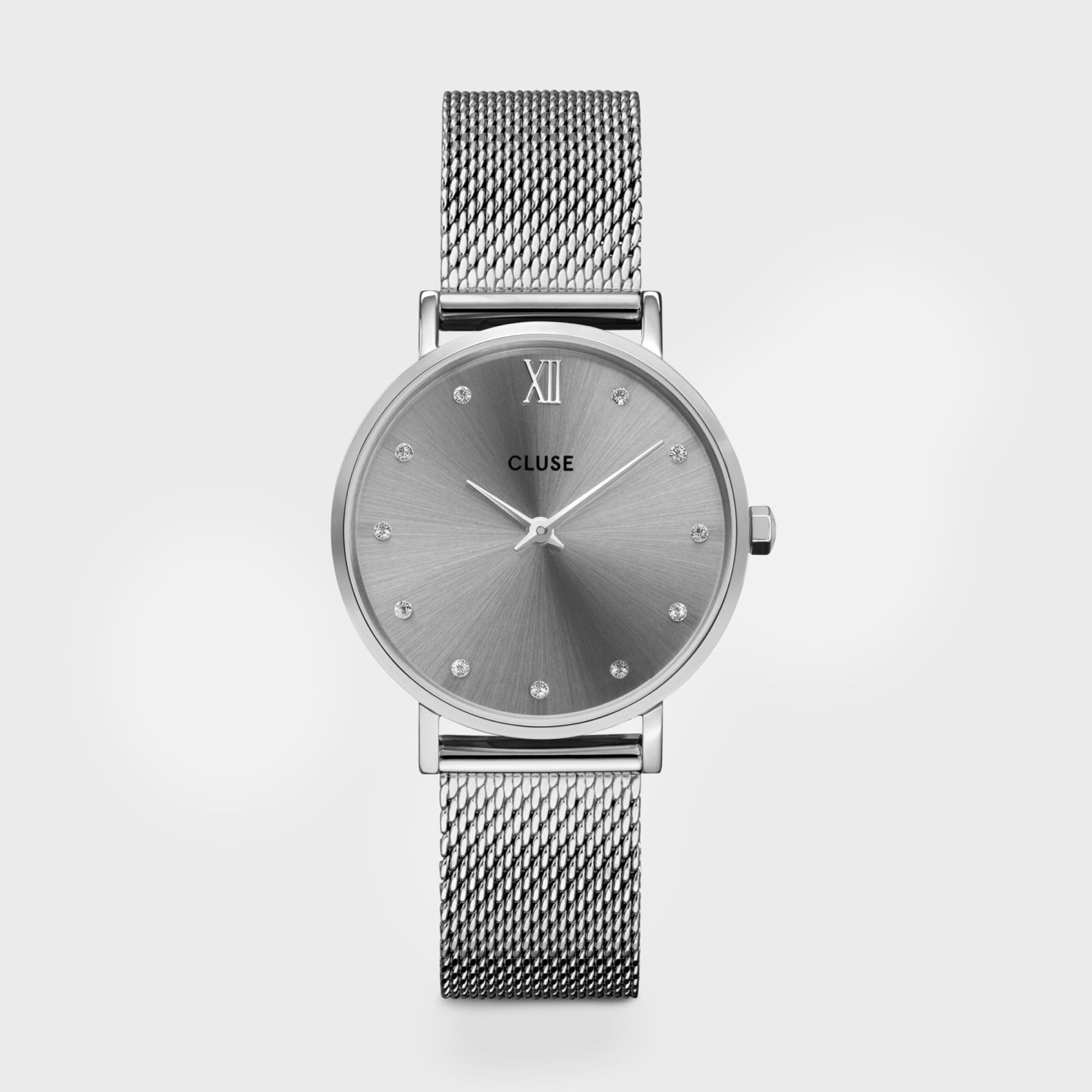 CLUSE Minuit Zilverkleurig Horloge met Kristallen en Grijze Wijzerplaat CW10203