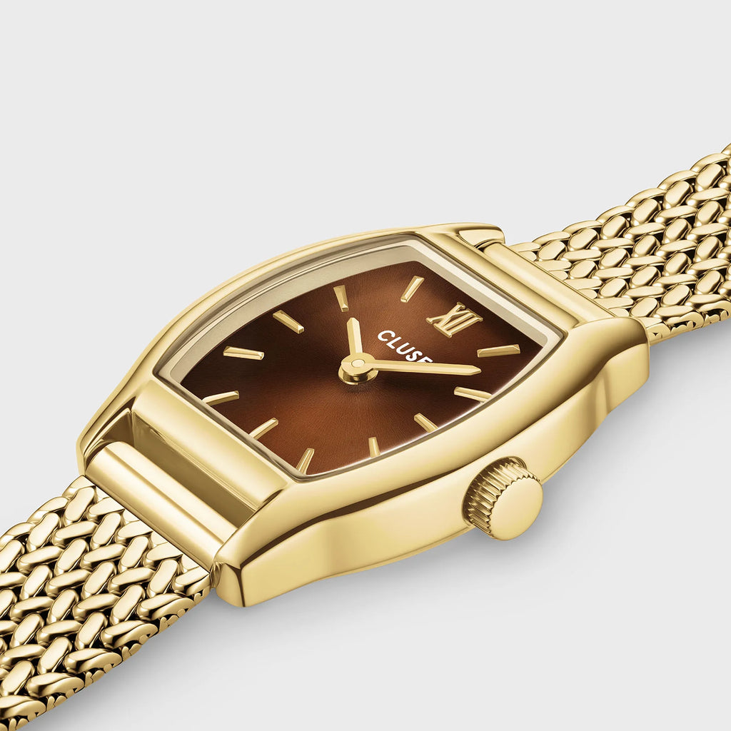CLUSE Tonnette Mini CW16504 – goudkleurig mesh horloge met bruine wijzerplaat
