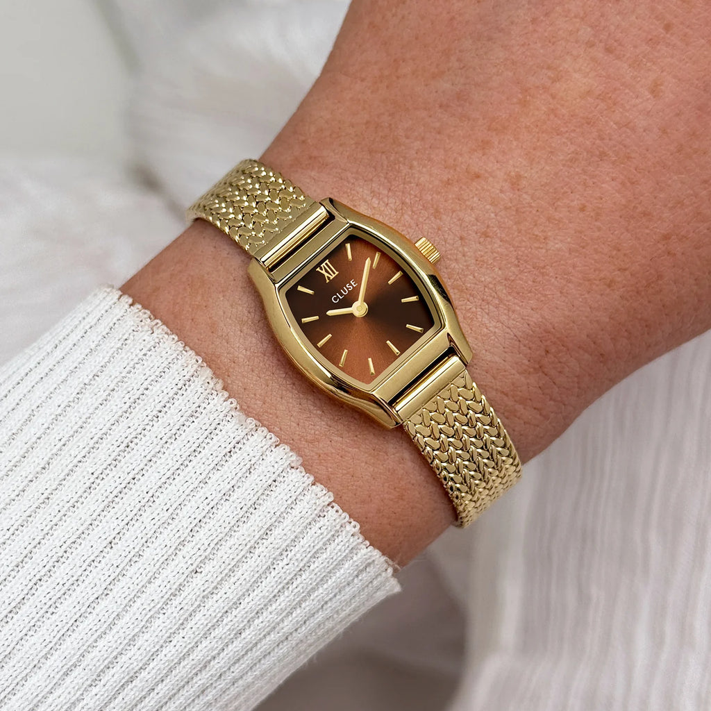CLUSE Tonnette Mini CW16504 – goudkleurig mesh horloge met bruine wijzerplaat