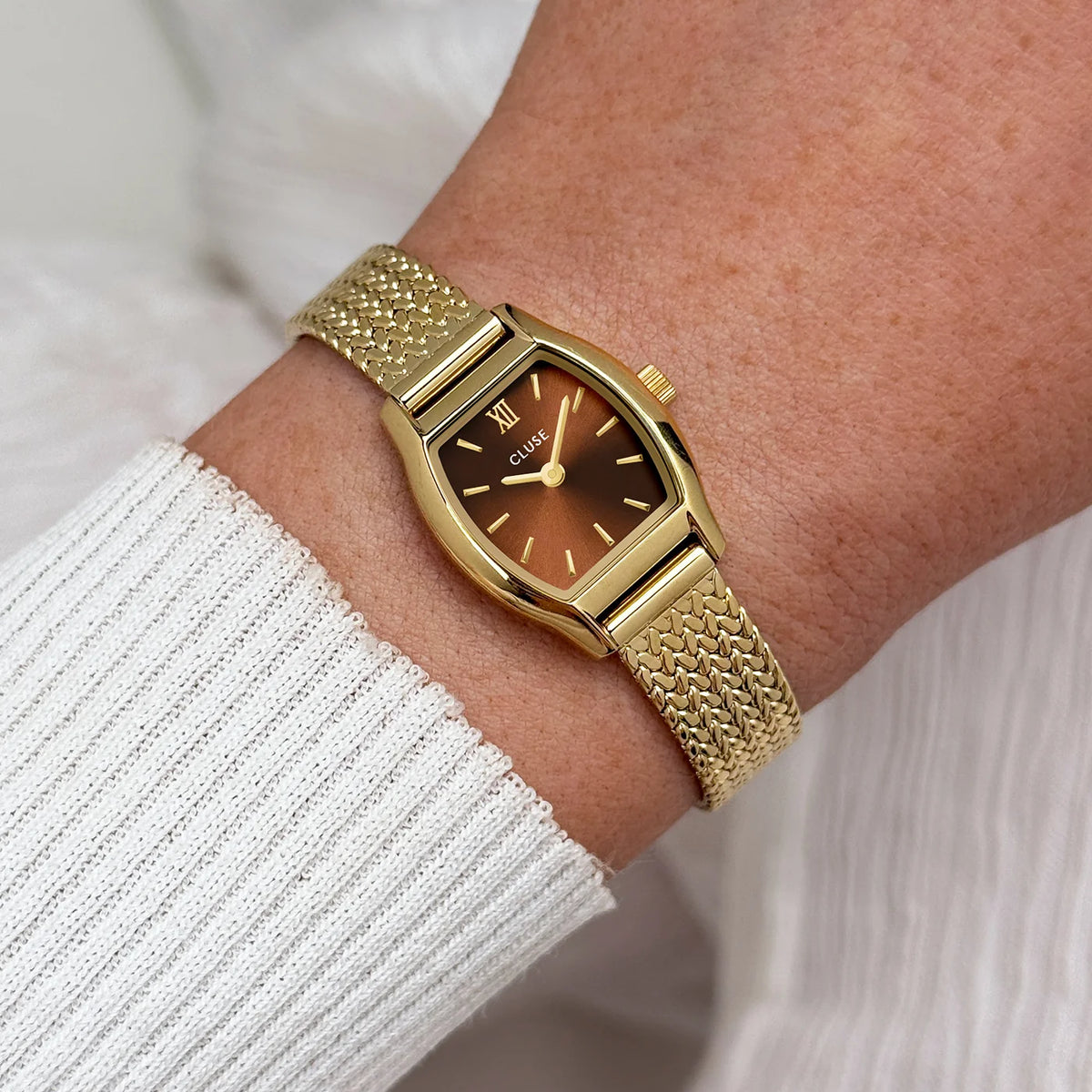 CLUSE Tonnette Mini CW16504 – goudkleurig mesh horloge met bruine wijzerplaat