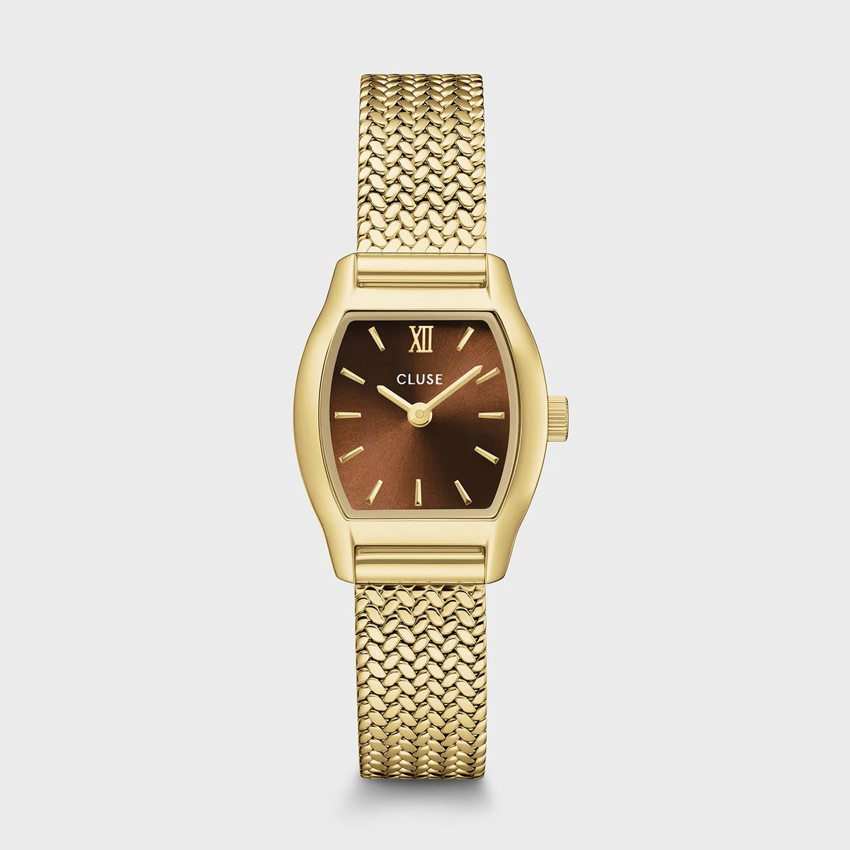 CLUSE Tonnette Mini CW16504 – goudkleurig mesh horloge met bruine wijzerplaat