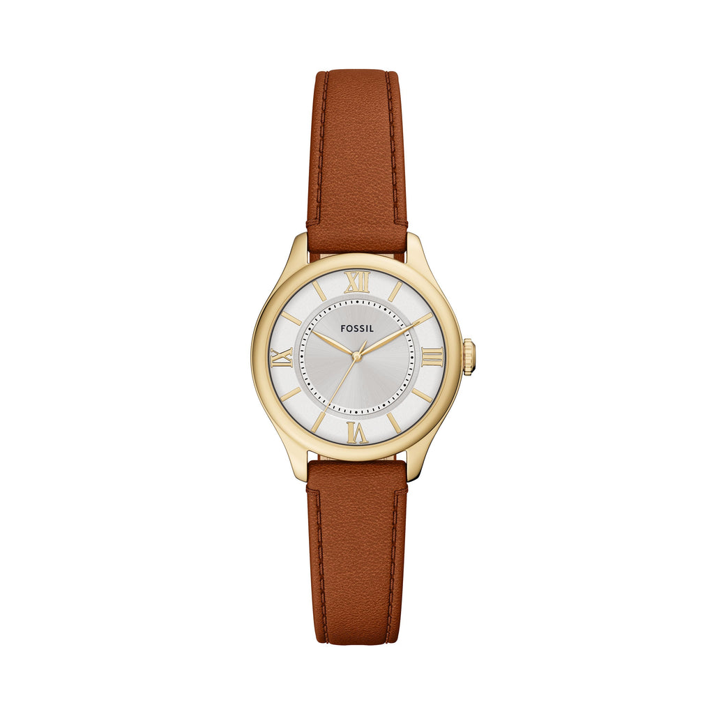 Fossil Gilmore goudkleurig dameshorloge met bruine leren band ES5423