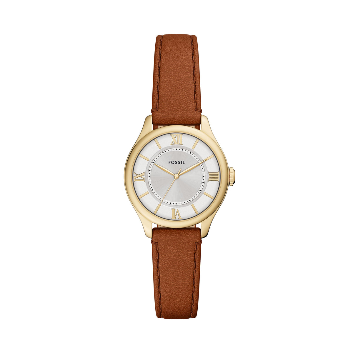 Fossil Gilmore goudkleurig dameshorloge met bruine leren band ES5423