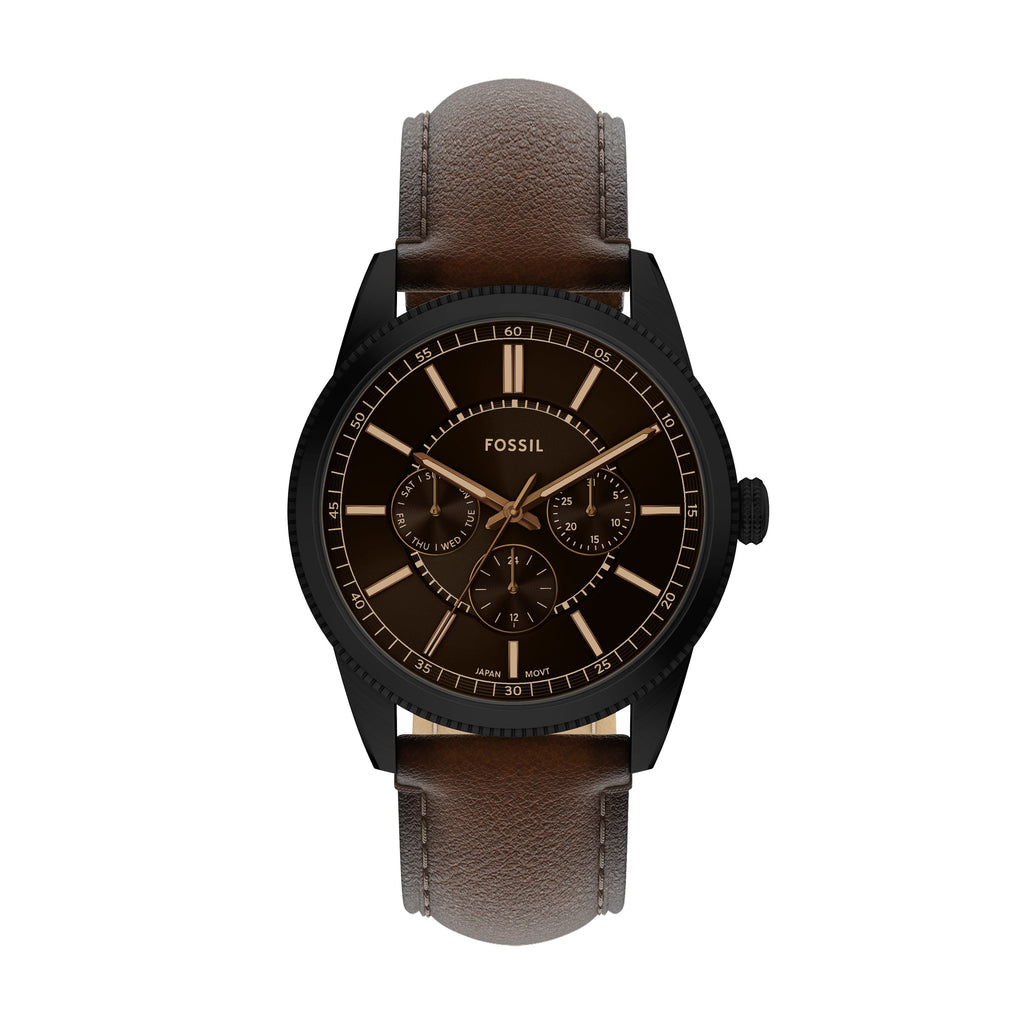 Fossil Pearson zwart herenhorloge met bruine leren band FS6138