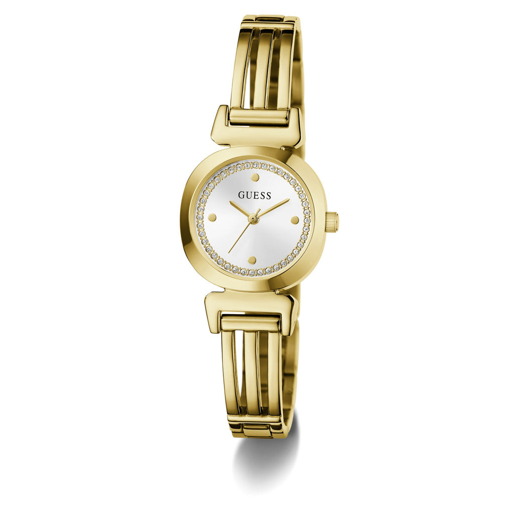 GUESS Bejeweled goudkleurig dameshorloge GW1083L2 schuin aanzicht
