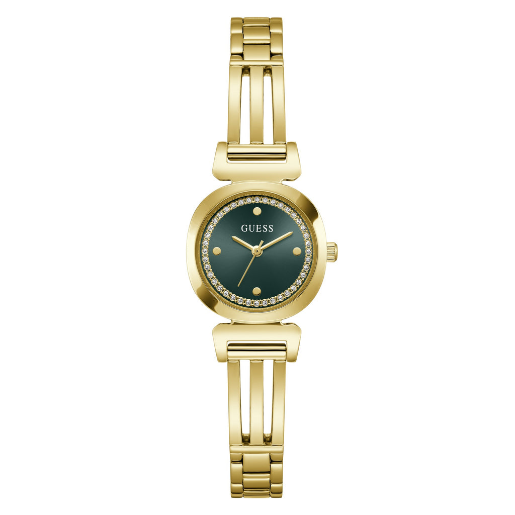 GUESS Bejeweled goudkleurig dameshorloge met groene wijzerplaat GW1083L7 voorzijde