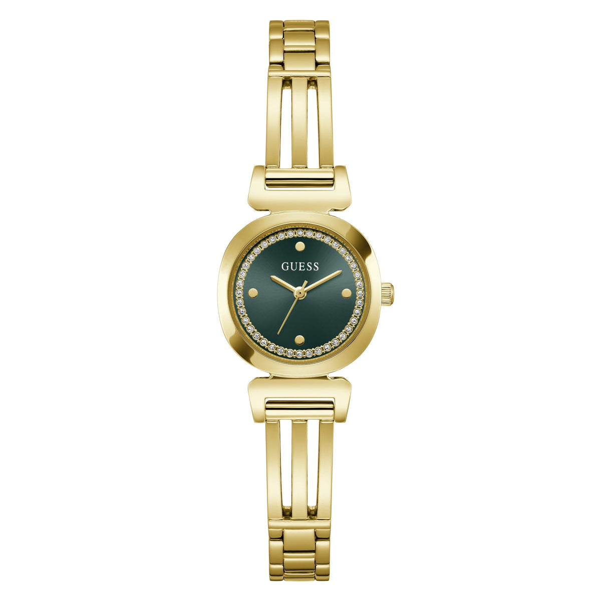 GUESS Bejeweled goudkleurig dameshorloge met groene wijzerplaat GW1083L7 voorzijde