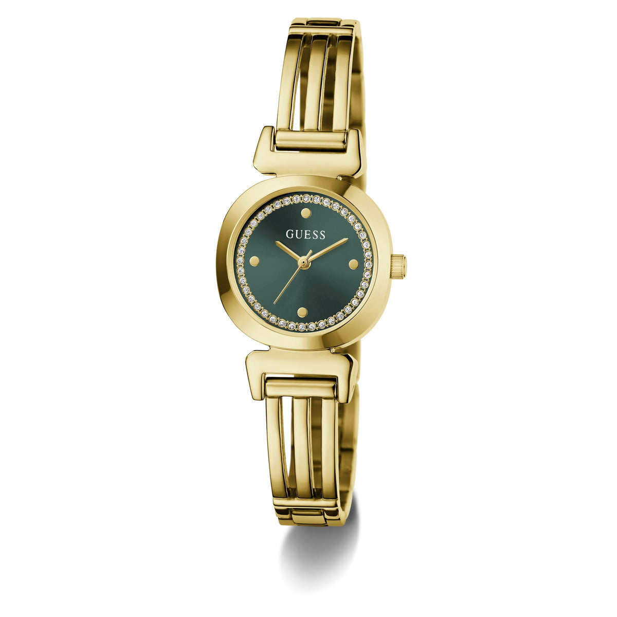 GUESS Bejeweled goudkleurig dameshorloge met groene wijzerplaat GW1083L7 schuin aanzicht