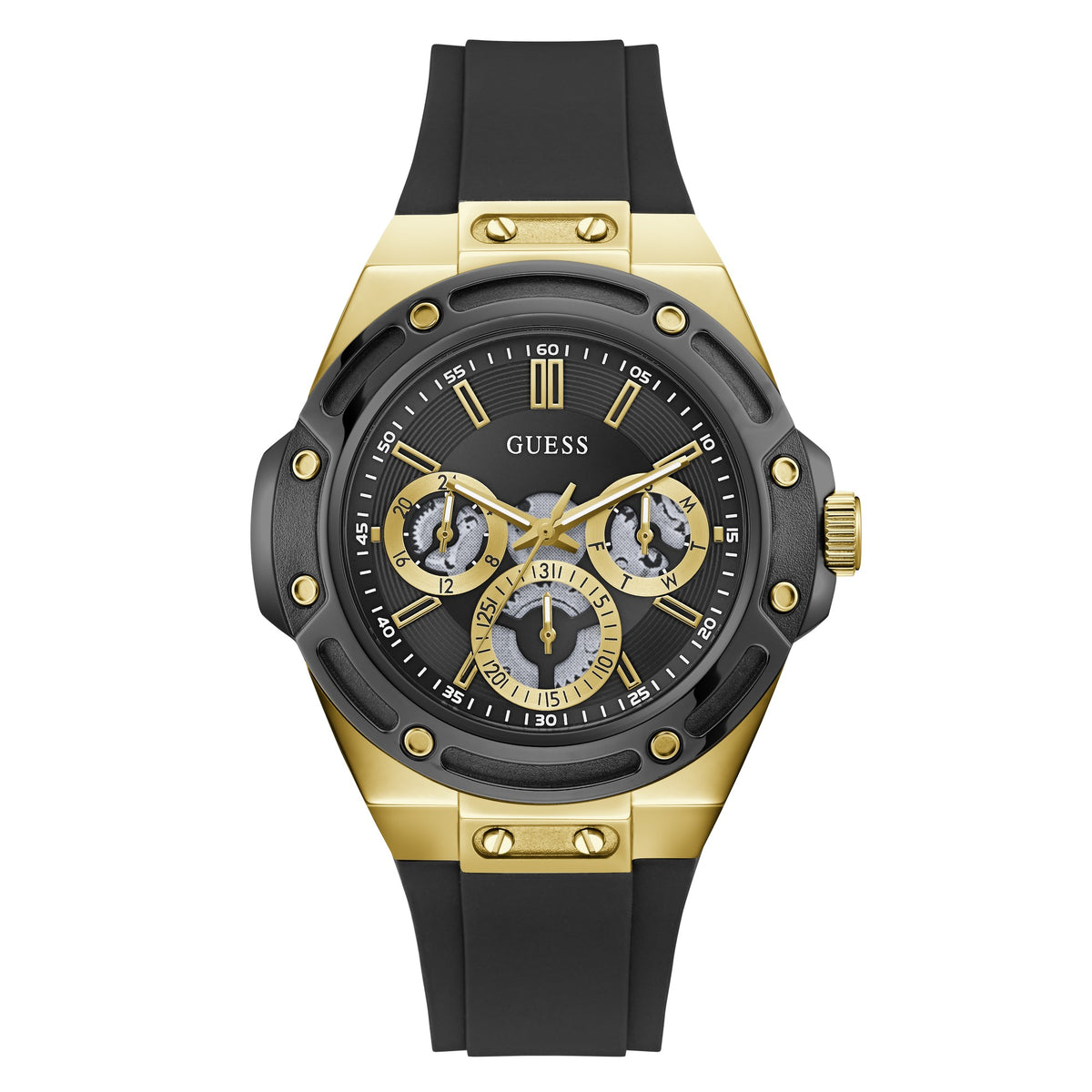 GUESS Carver zwart-goudkleurig herenhorloge GW1132G2 voorzijde
