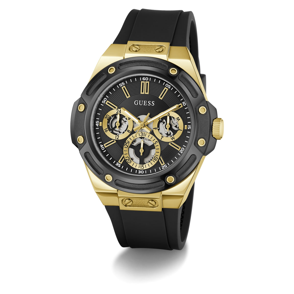 GUESS Carver zwart-goudkleurig herenhorloge GW1132G2 schuin aanzicht