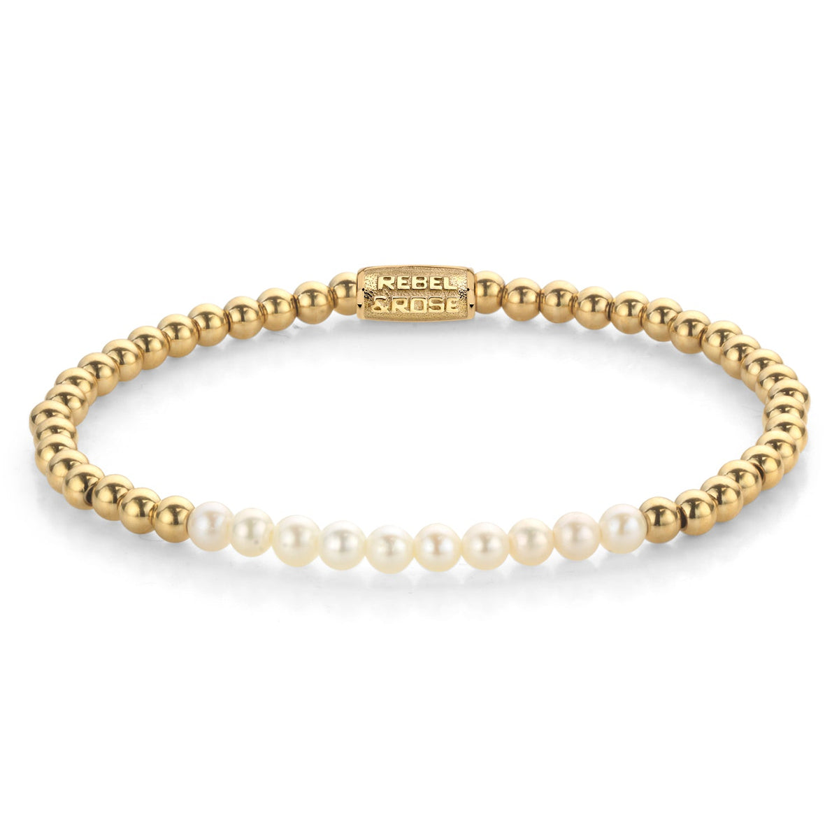 Rebel & Rose Pearl Gem meets Yellowgold armband 4 mm - wit en goudkleurig