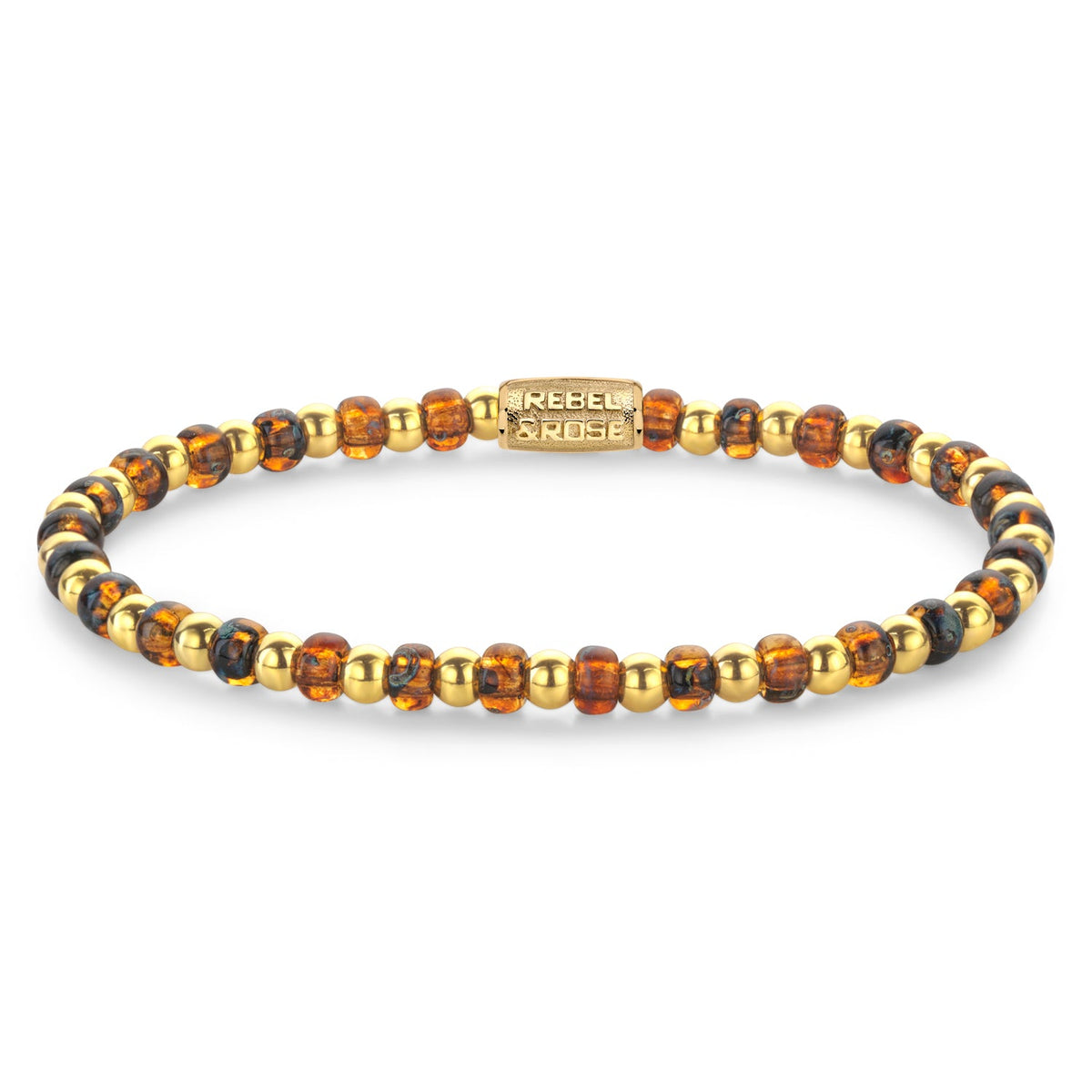 Rebel & Rose Mix Glass Rocks Tiger gold-coloured armband 4 mm - bruin en goudkleurig