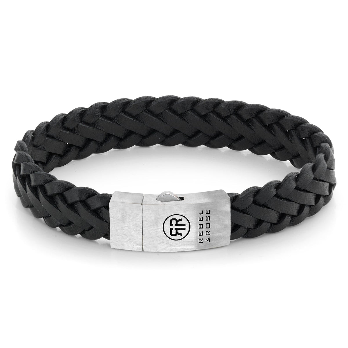 Rebel & Rose Braided Raw Matt Black leren armband - zwart en zilverkleurig