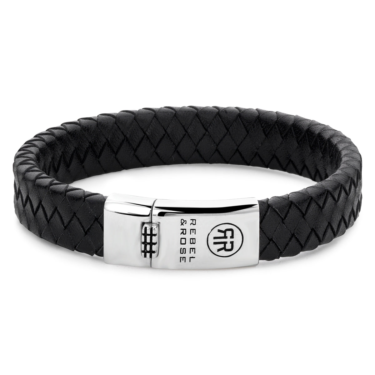Rebel & Rose Braided Flat 925 Black leren armband - zwart