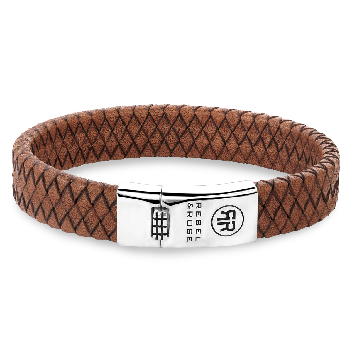 Rebel & Rose Braided Flat 925 Cognac leren armband - bruin