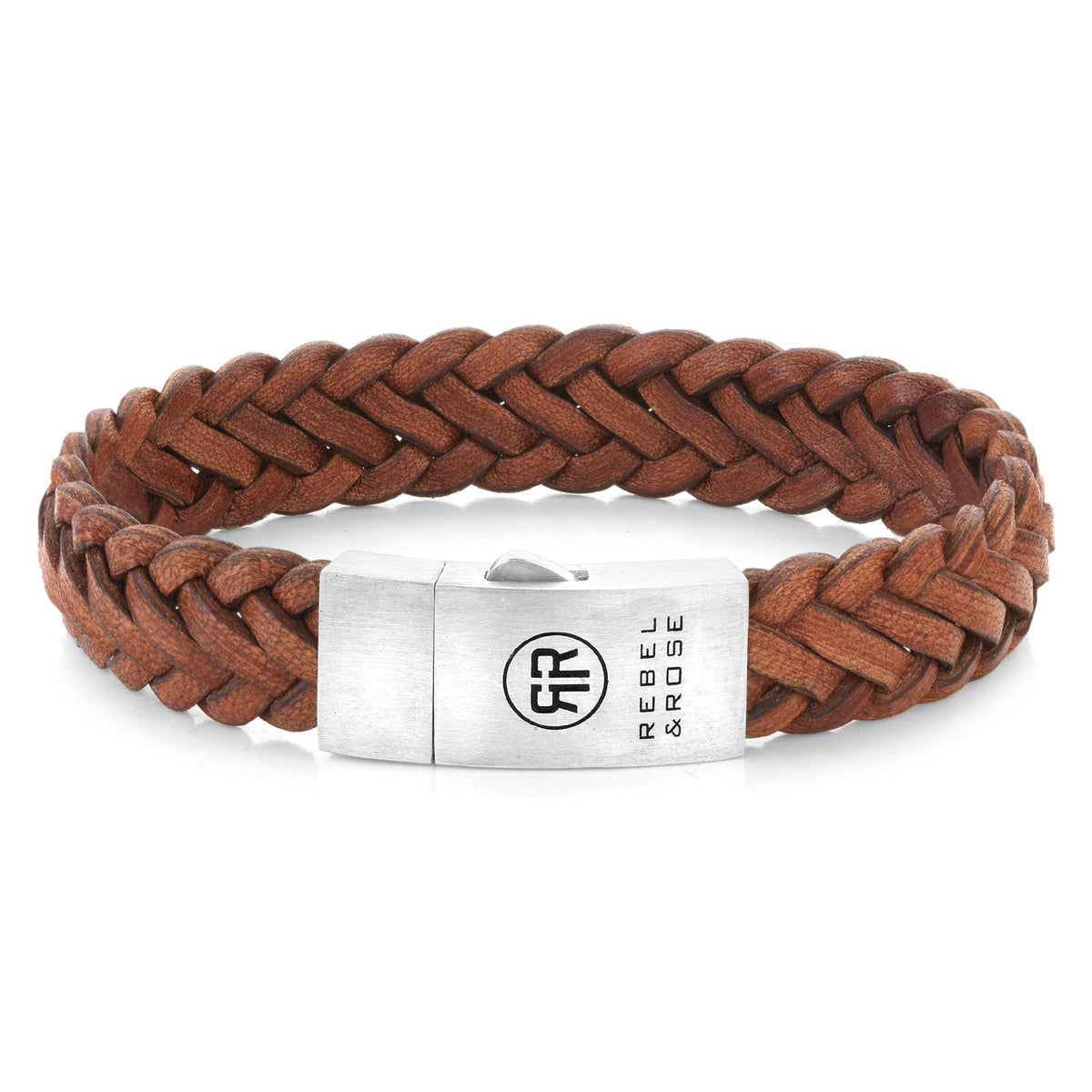 Rebel & Rose Braided Raw Matt Cognac leren armband - bruin