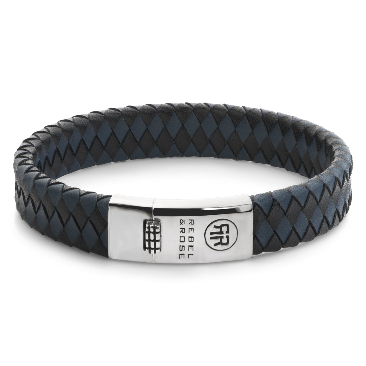 Rebel & Rose Braided Flat 925 Black&Blue leren armband - zwart