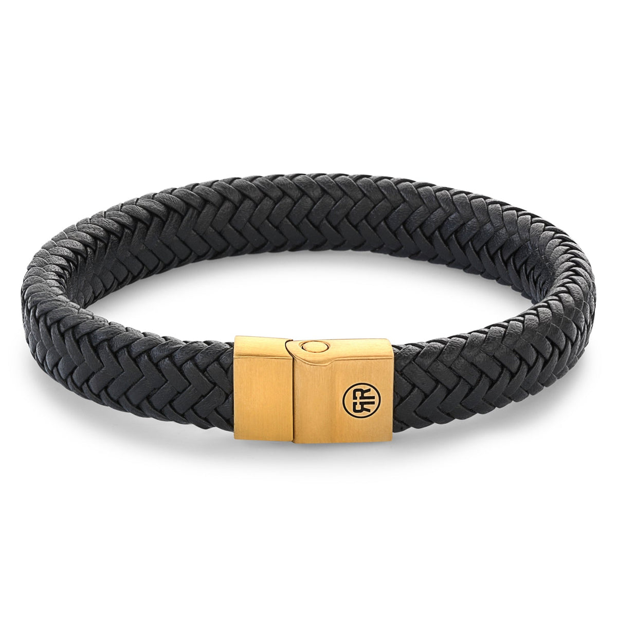 Rebel & Rose Full Metal Herringbone Black Gold leren armband 12 mm - zwart