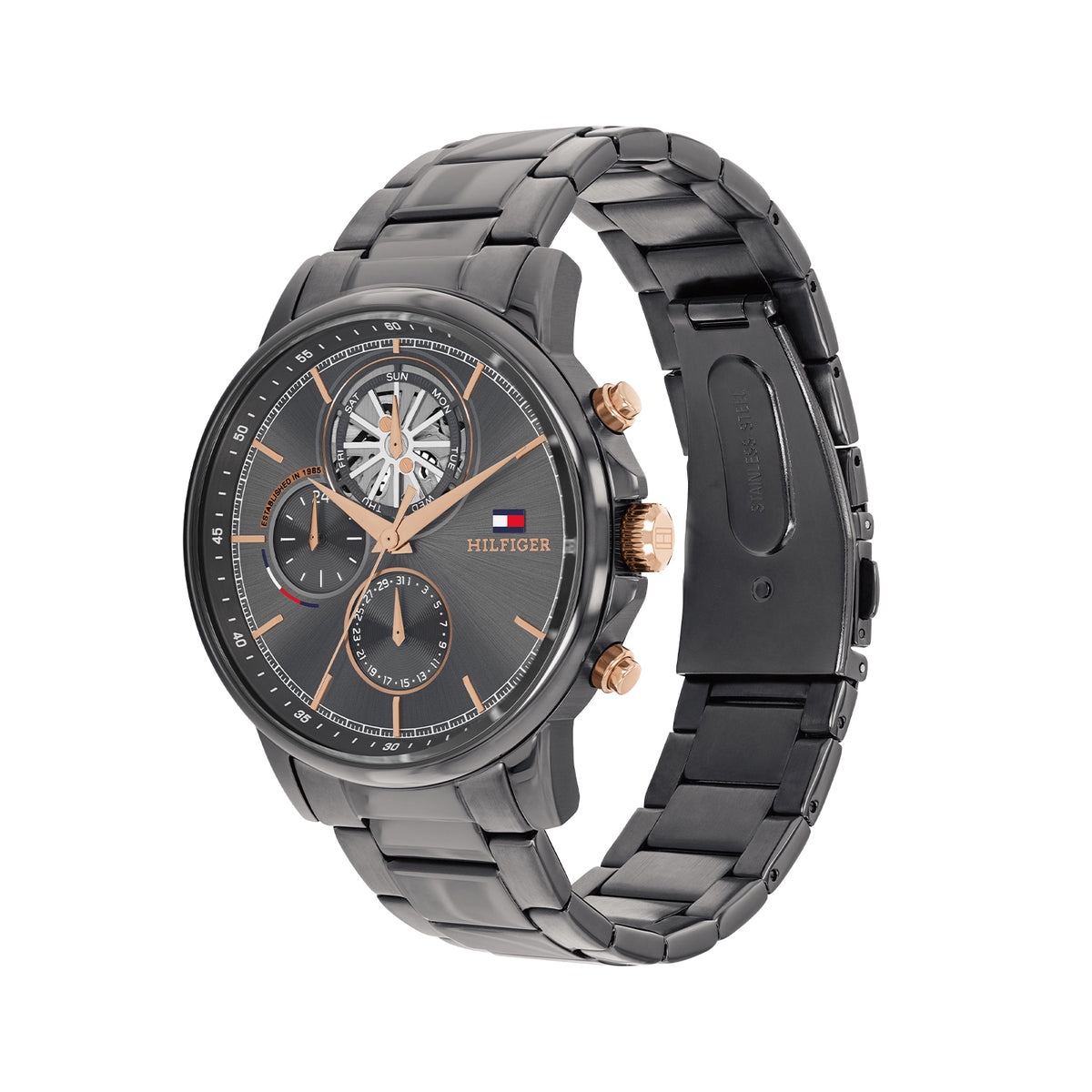 Tommy Hilfiger Stewart herenhorloge - grijs staal 44 mm - aanzicht 2
