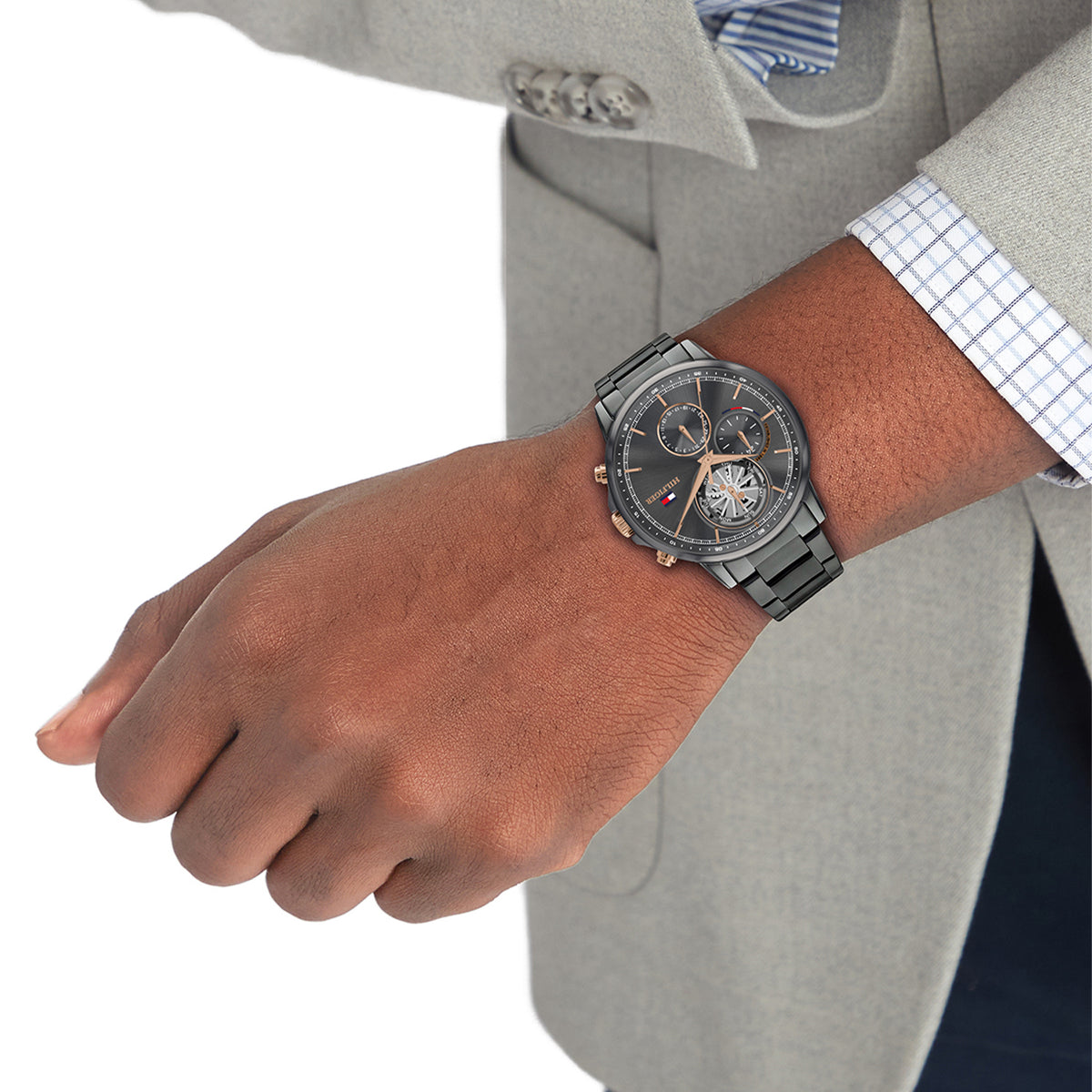 Tommy Hilfiger Stewart herenhorloge - grijs staal 44 mm - aanzicht 3