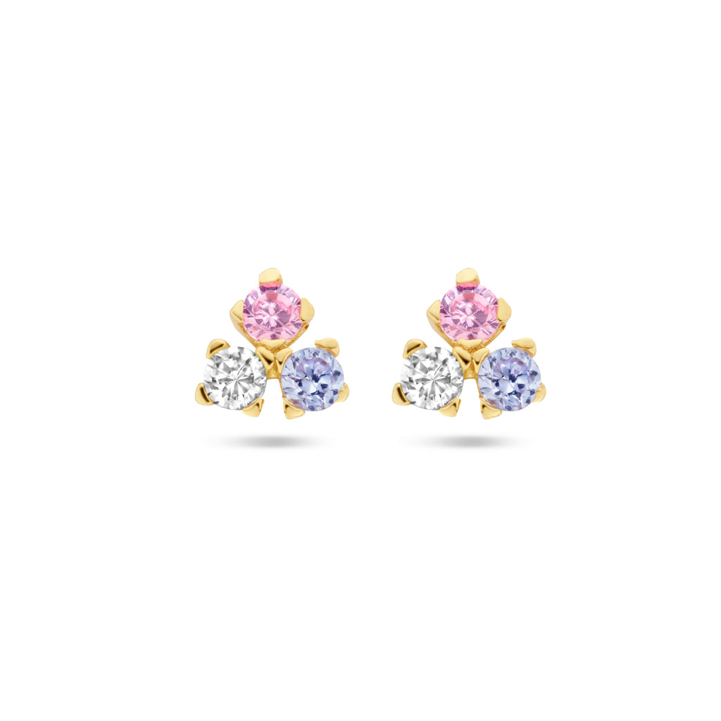 Oorknoppen blauw. roze en wit zirkonia