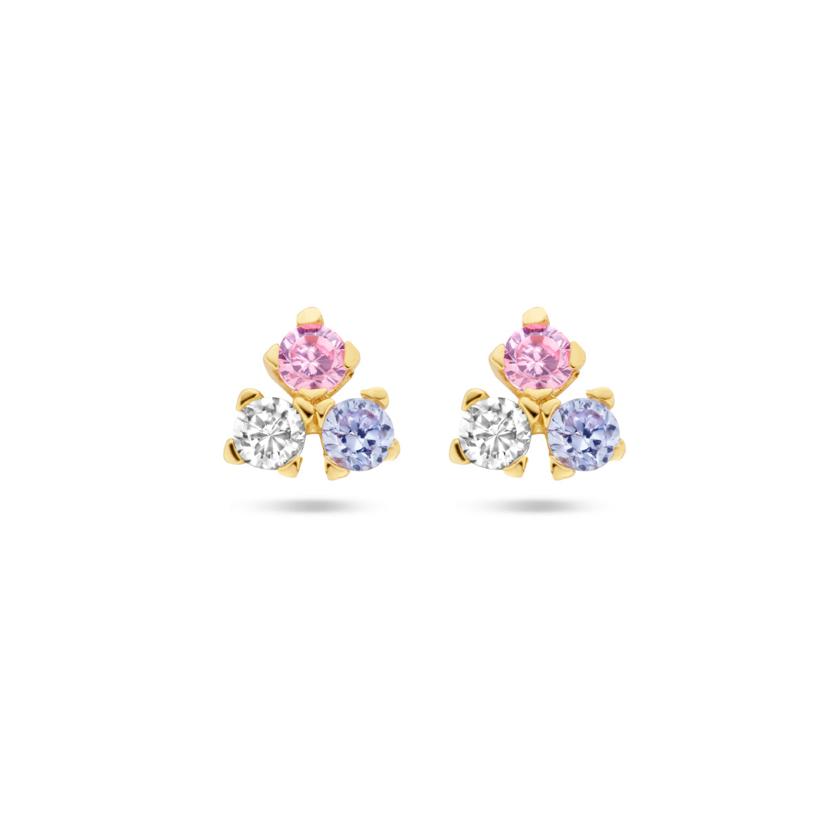 Oorknoppen blauw. roze en wit zirkonia