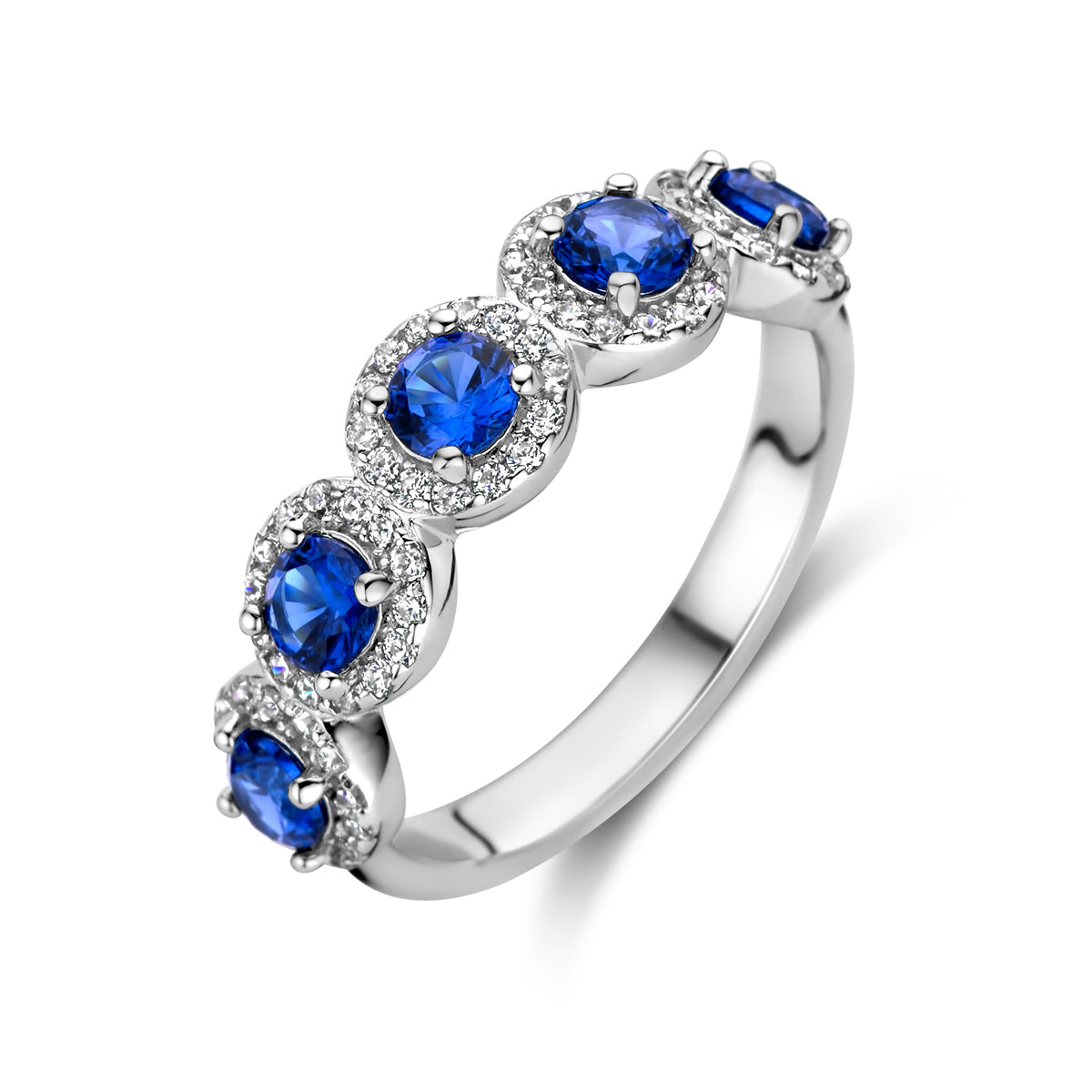 Ring saffierkleurig en wit zirkonia halo