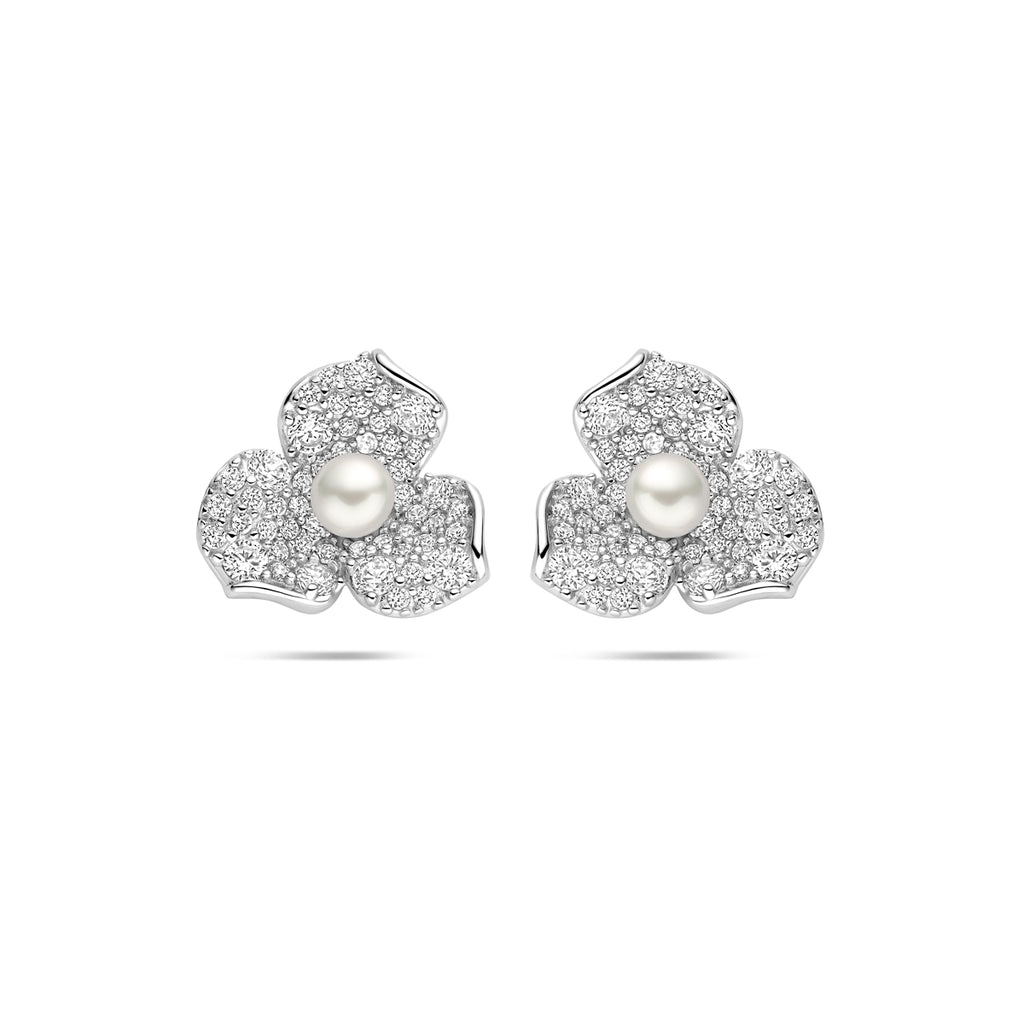 Oorknoppen bloem parel en zirkonia 12 mm