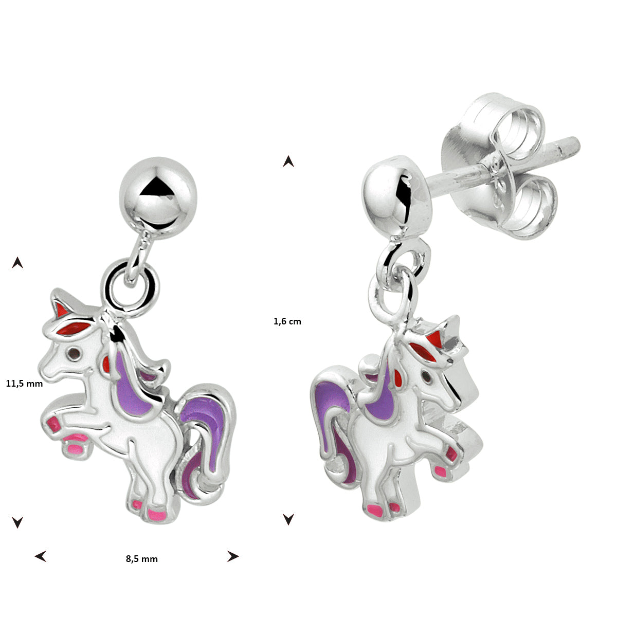 Zilv unicorn geheel oorhanger emaille