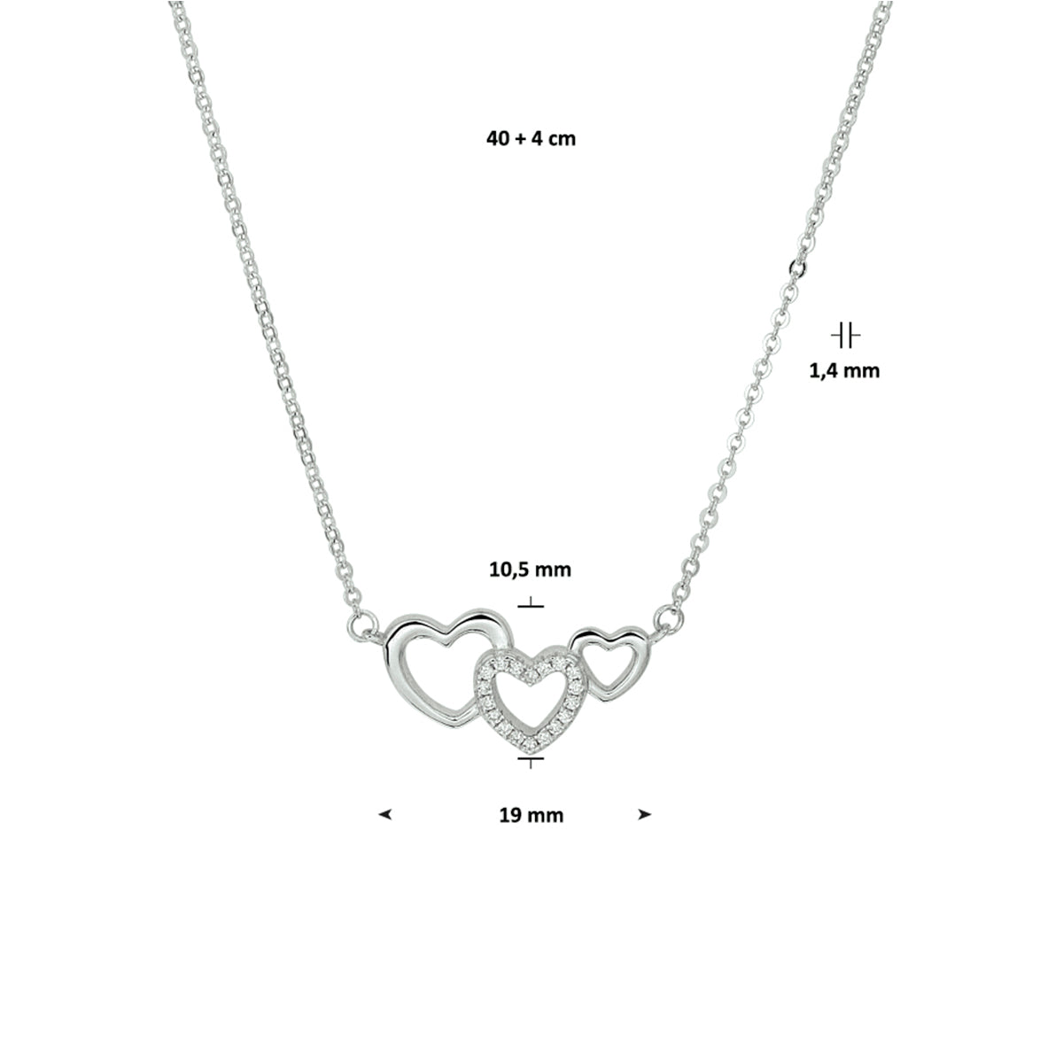 Collier hartjes en zirkonia 40 + 4 cm