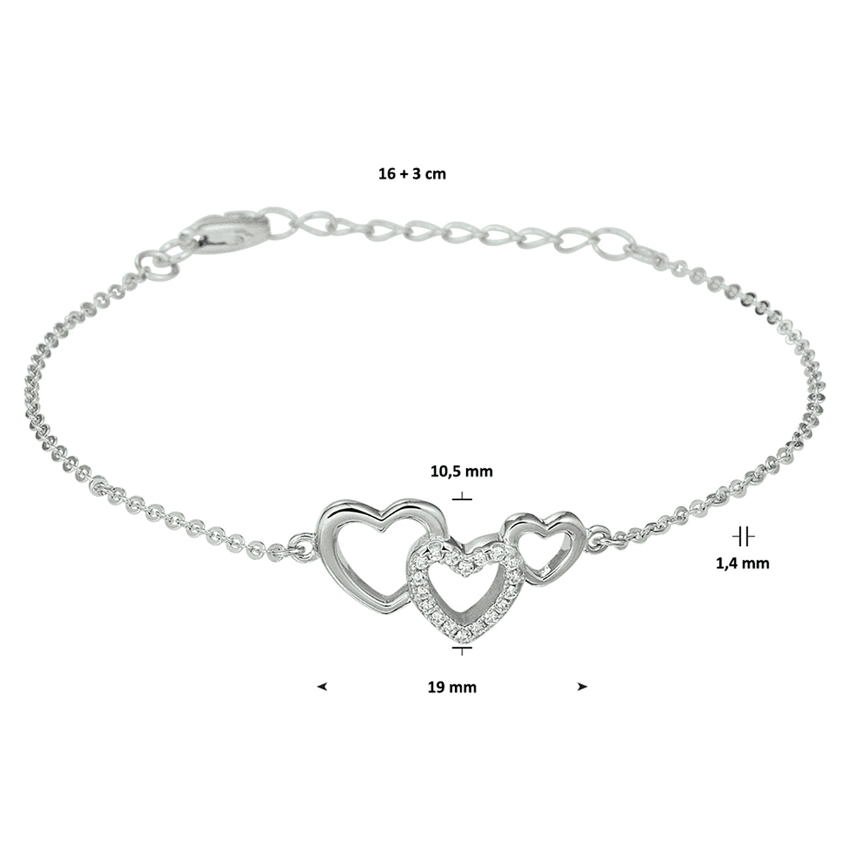 Armband hartjes en zirkonia 16 + 3 cm