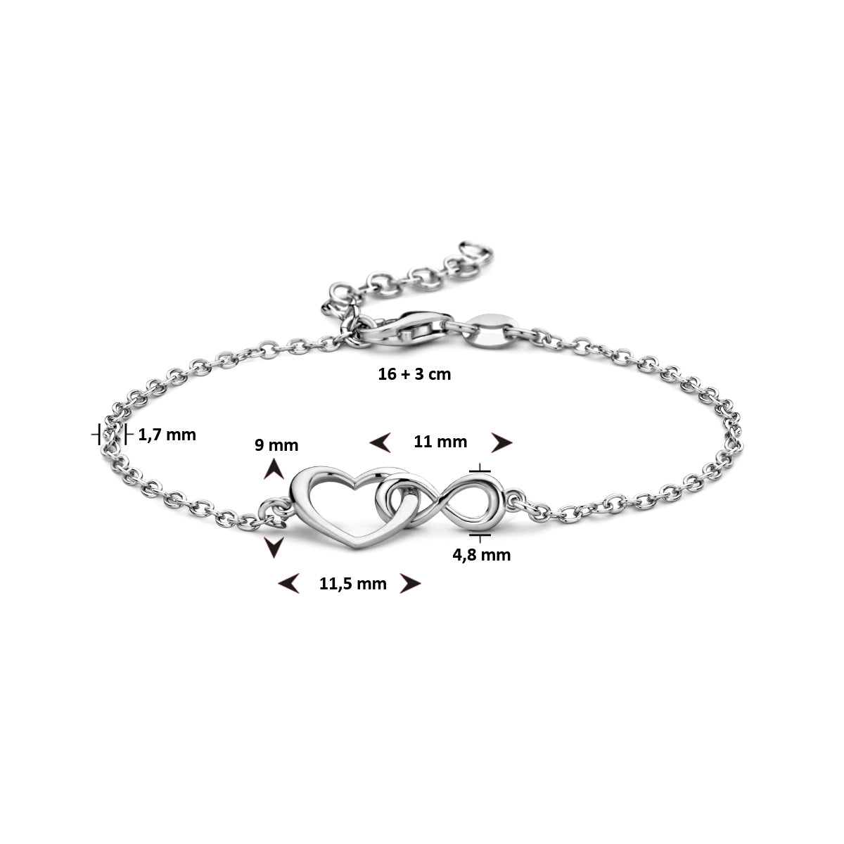 Armband hart en infinity 16 + 3 cm