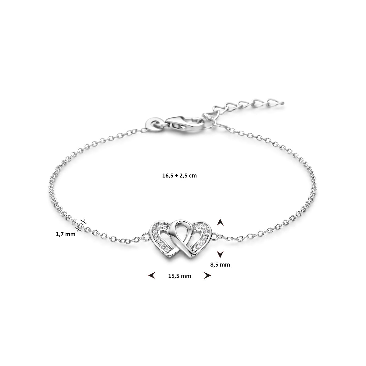 Armband hartjes zirkonia 16.5 + 2.5 cm