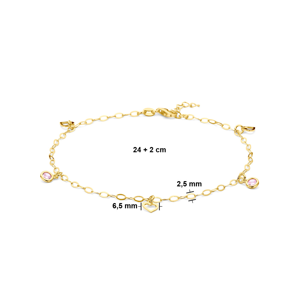 Enkelbandje hart en roze zirkonia 24 + 2 cm 3 micron