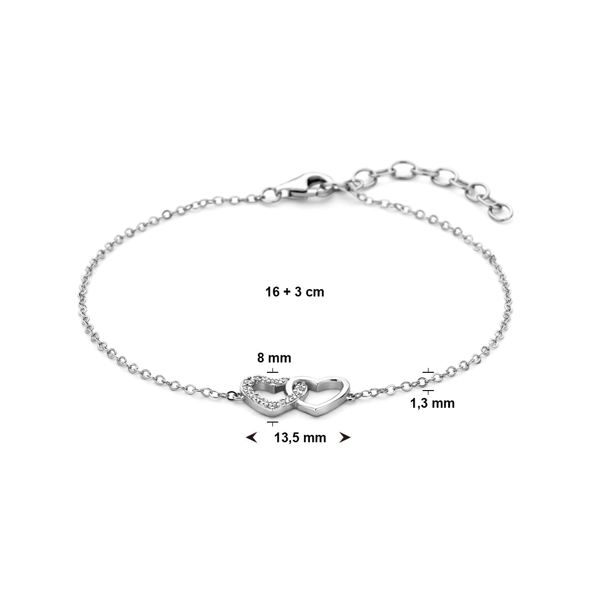 Armband hartjes en zirkonia 16 + 3 cm