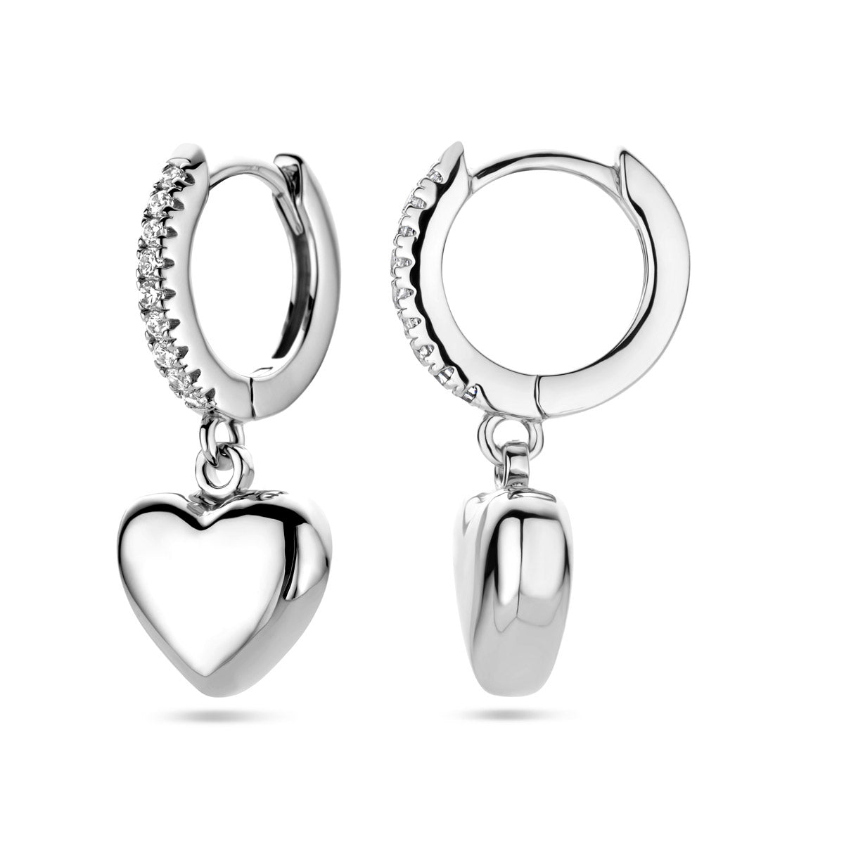 Zilver gerhodineerd hartjes oorringen / creolen
