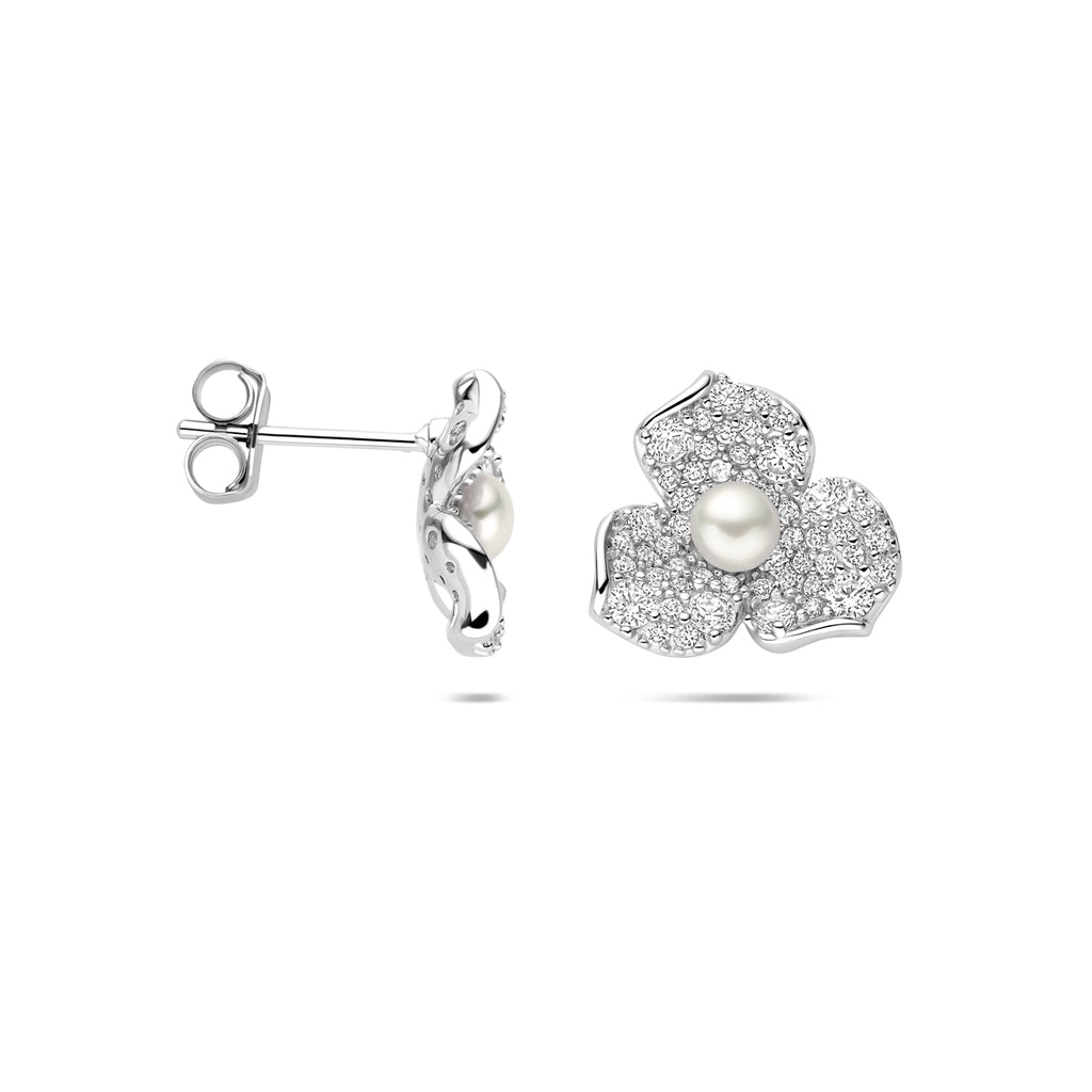 Oorknoppen bloem parel en zirkonia 12 mm