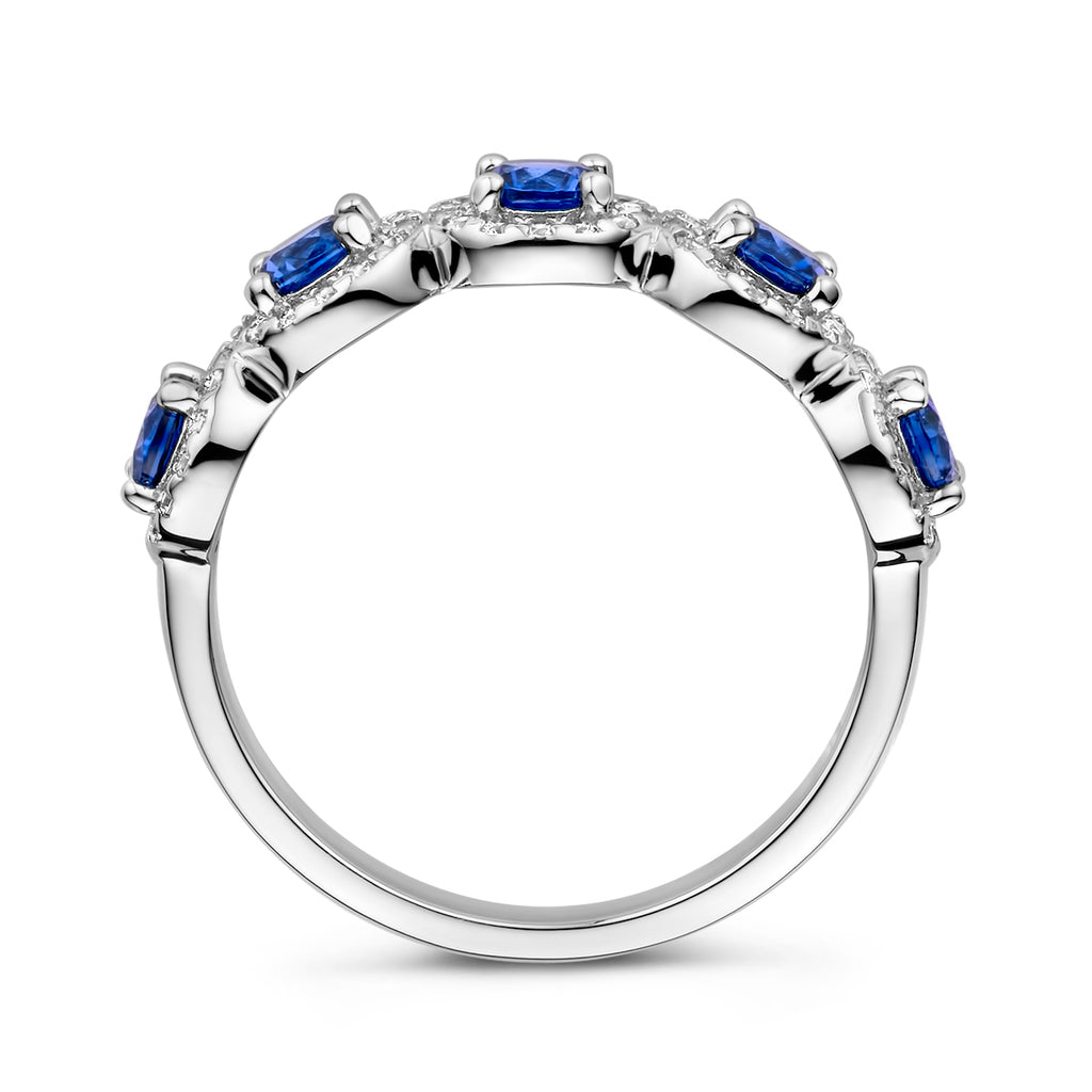 Ring saffierkleurig en wit zirkonia halo