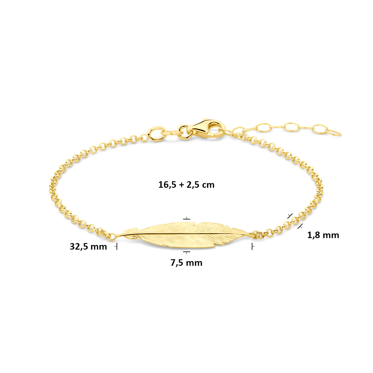 Armband veren 16.5 + 2.5 cm 3 micron