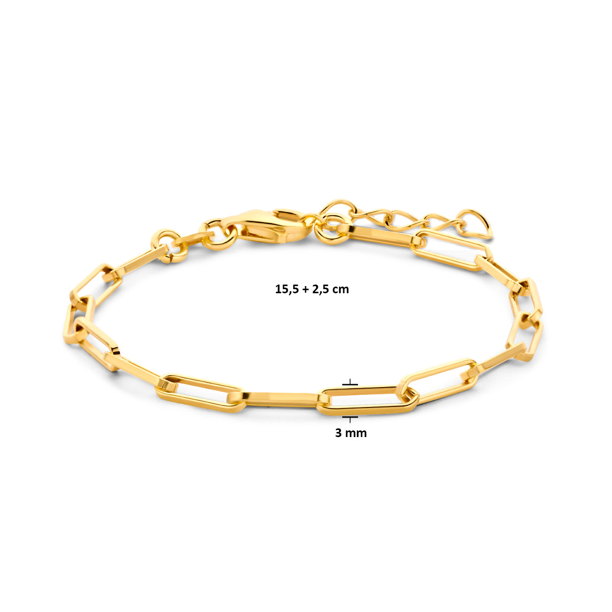 Armband paperclip vierkante buis 3.0 mm 15.5 + 2.5 cm 3 micron