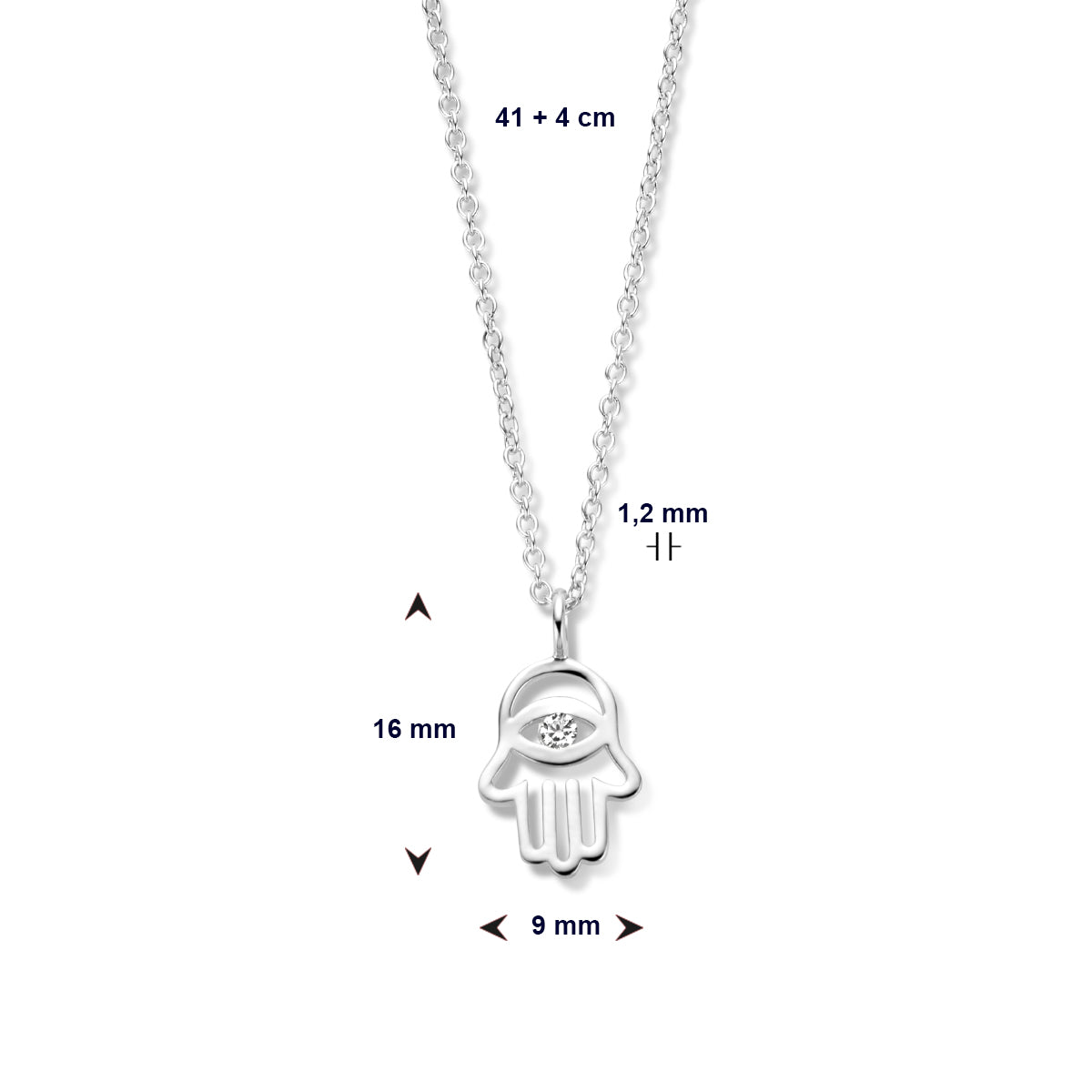 Collier handje van fatima en zirkonia 41 + 4 cm